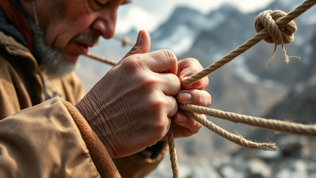Nahaufnahme von Haenden eines Balti-Fuehrers beim Knoten eines Bergseils