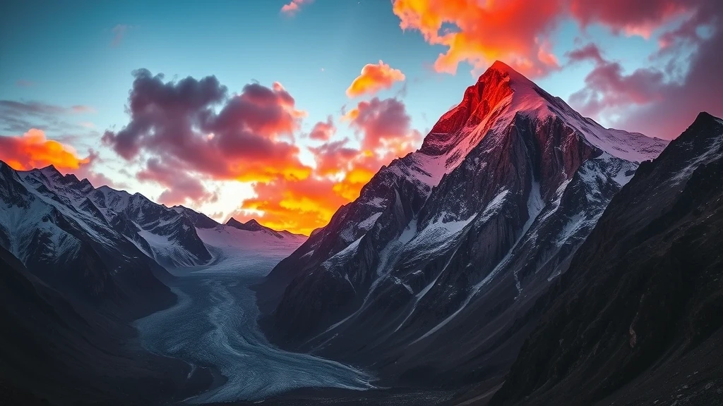 Sonnenuntergang ueber der Nordwand des Baintha Brakk mit Alpengluehen im Karakorum