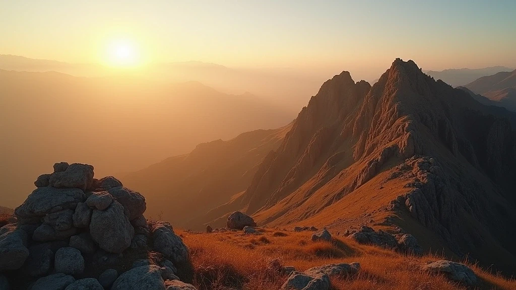 Goldene Stunde auf den Berggipfeln um Bajanchongor, Mongolei mit weichem Licht