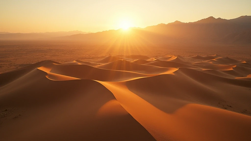 Luftaufnahme der Gobi-Wüste in Bajanchongor, Mongolei mit Sanddünen und Bergen zur goldenen Stunde