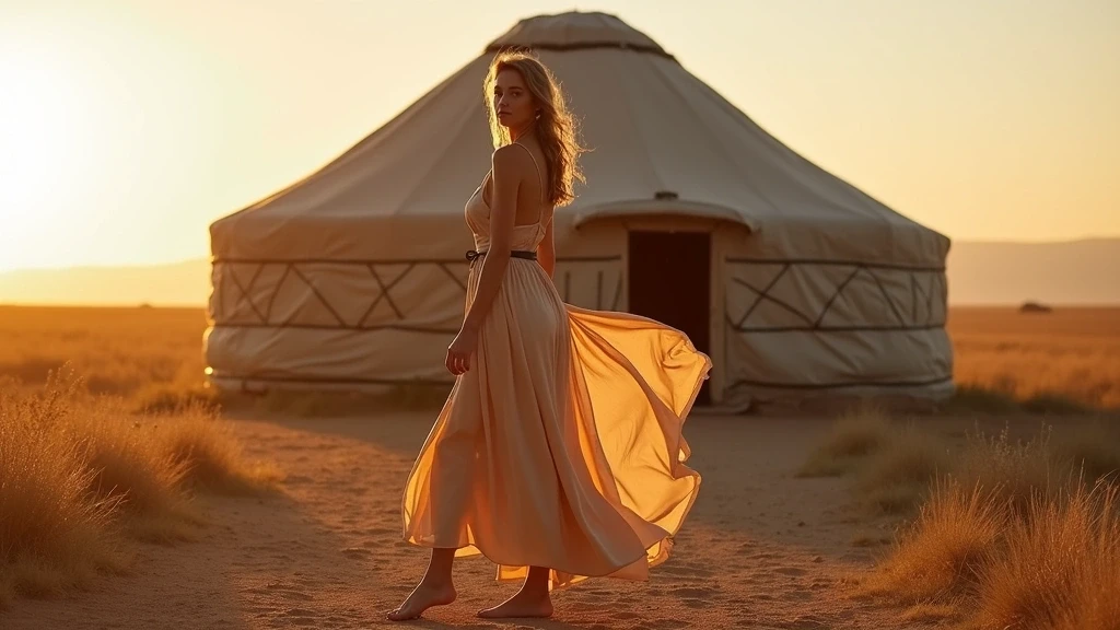 Elegante Reisende vor mongolischer Jurte in Bajanchongor zur goldenen Stunde
