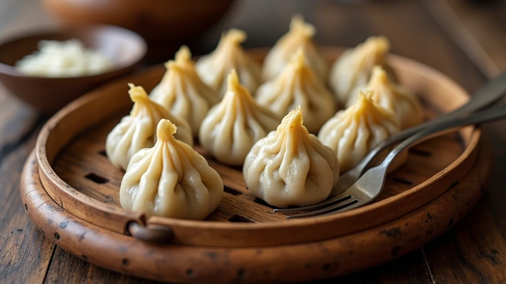 Traditionelle mongolische Küche mit Buuz-Teigtaschen in Bajanchongor, Nahaufnahme