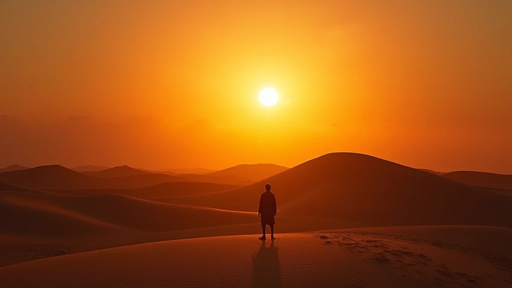 Sonnenuntergang über den Sanddünen von Bajanchongor, Mongolei mit dramatischen Schatten