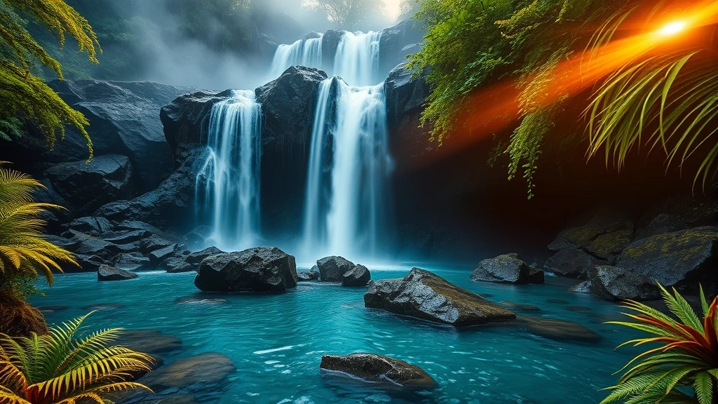 Nahaufnahme der Blue Falls Wasserfaelle mit tuerkisfarbenen Pools im Nebelwald von Bajos del Toro