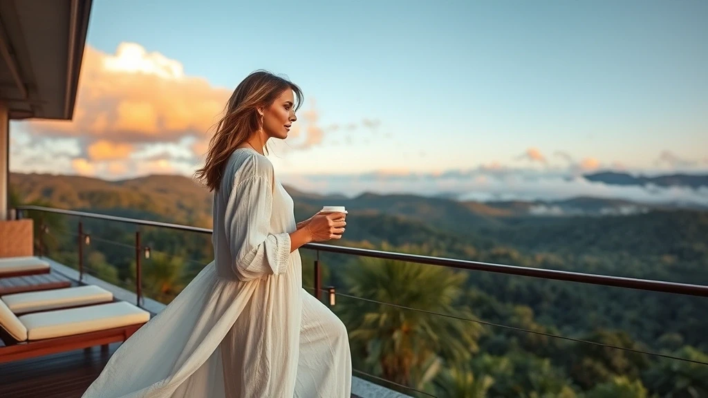 Elegante Reisende geniesst Kaffeeverkostung mit Blick auf den Nebelwald von Bajos del Toro