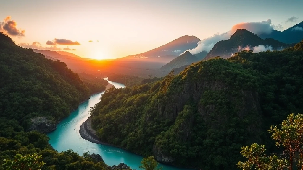 Panoramablick auf den tuerkisfarbenen Rio Agrio im Nebelwald von Bajos del Toro bei Sonnenuntergang