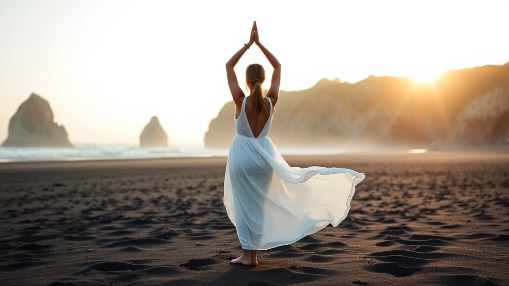Elegante Frau beim Sonnenaufgang-Yoga am Pandawa Strand in Bali, Lifestyle