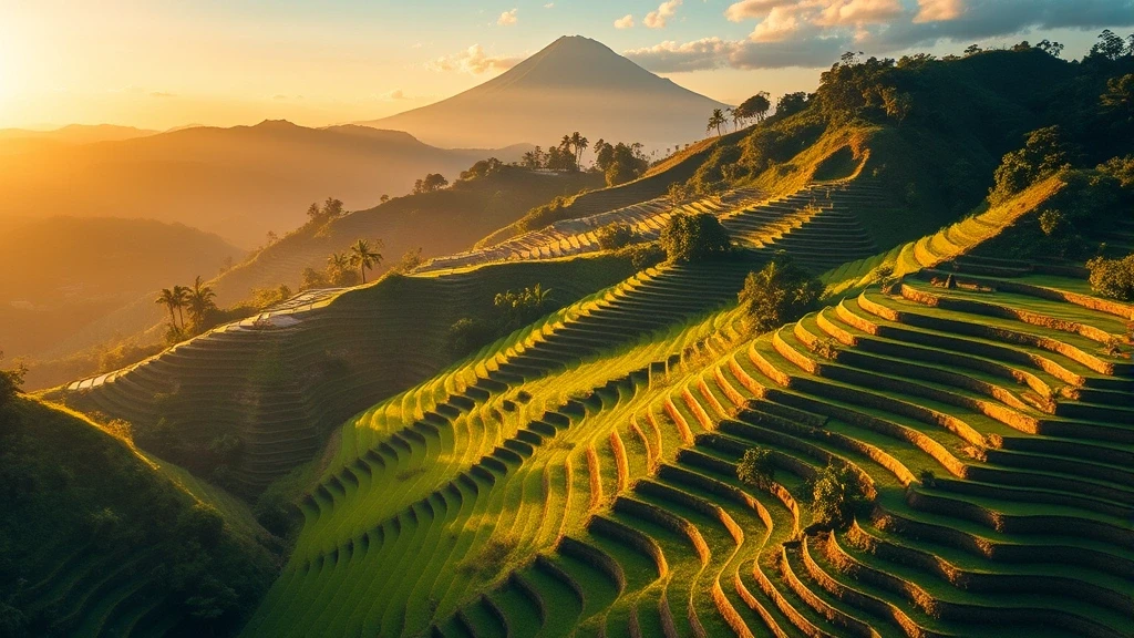 Luftaufnahme der berühmten Reisterrassen von Tegalalang in Bali zur goldenen Stunde