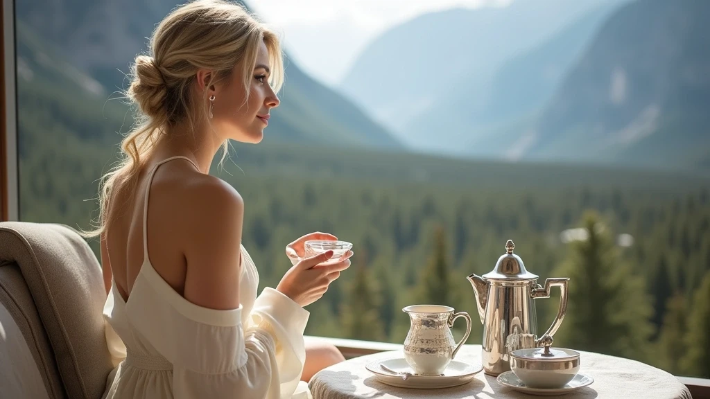 Elegante Frau geniesst Nachmittagstee auf der Terrasse des Fairmont Banff Springs Hotel mit Bergblick