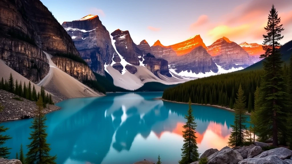 Panorama von Moraine Lake in Banff bei Sonnenuntergang mit tuerkisfarbenem Wasser und zehn Gipfeln