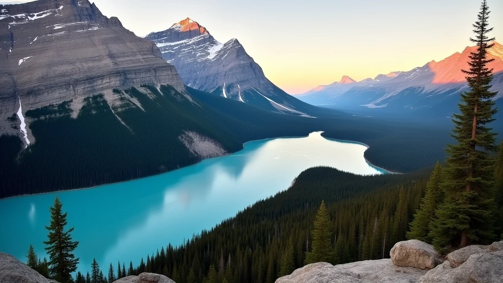 Vogelperspektive auf Peyto Lake in Banff zur goldenen Stunde mit wolfsfoermigem tuerkisfarbenem See