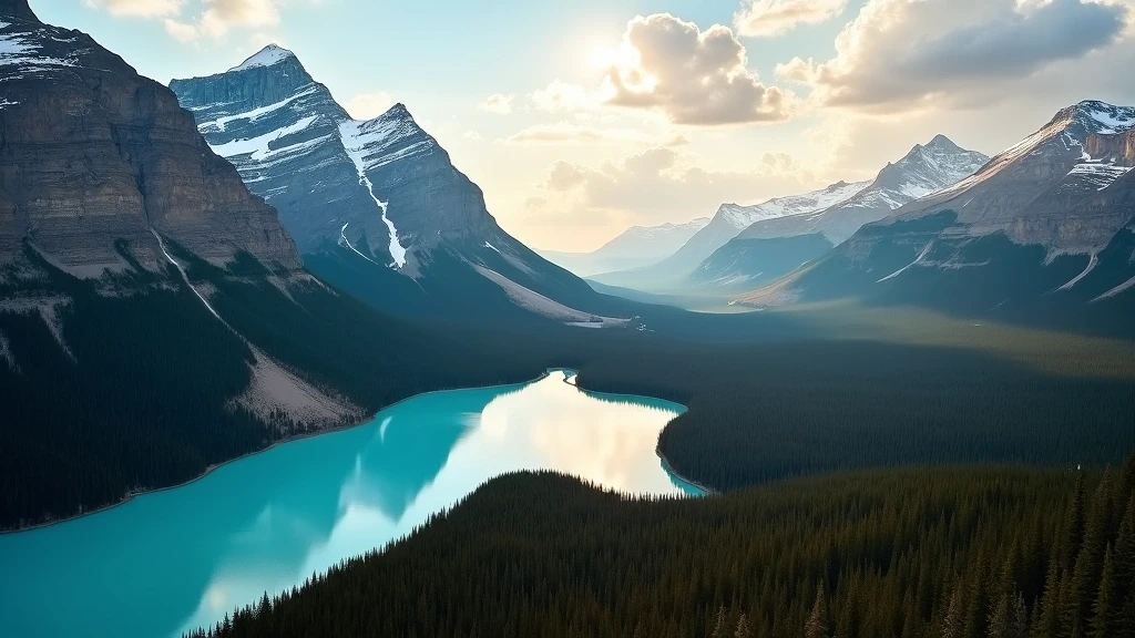 Dramatische Luftaufnahme der Rocky Mountains in Banff zur goldenen Stunde mit schneebedeckten Gipfeln und tuerkisfarbenen Seen
