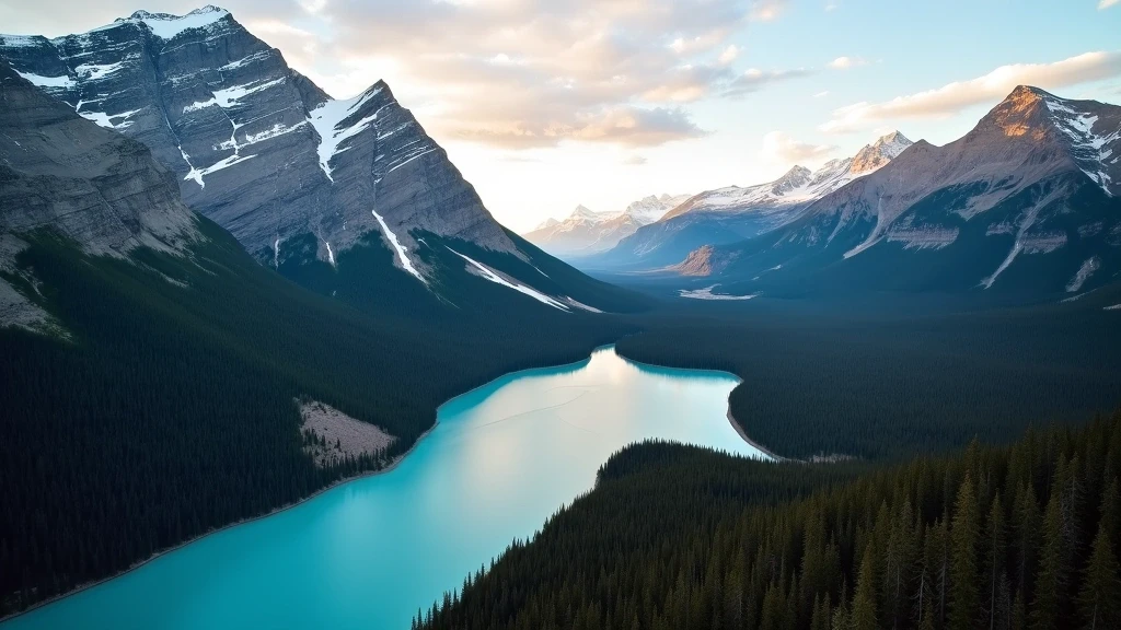 Luftaufnahme der Rocky Mountains mit Gletscherseen im Banff Nationalpark zur goldenen Stunde