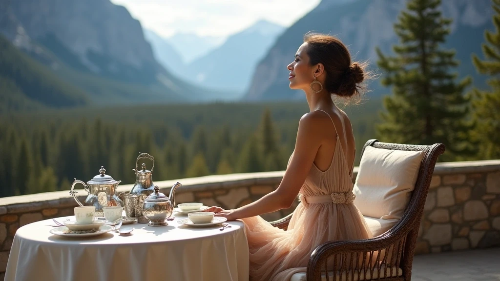 Elegante Frau geniesst Afternoon Tea mit Blick auf die Berge im Fairmont Banff Springs Hotel
