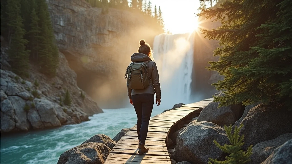 Stylische Wandererin auf dem Johnston Canyon Steg im Banff Nationalpark