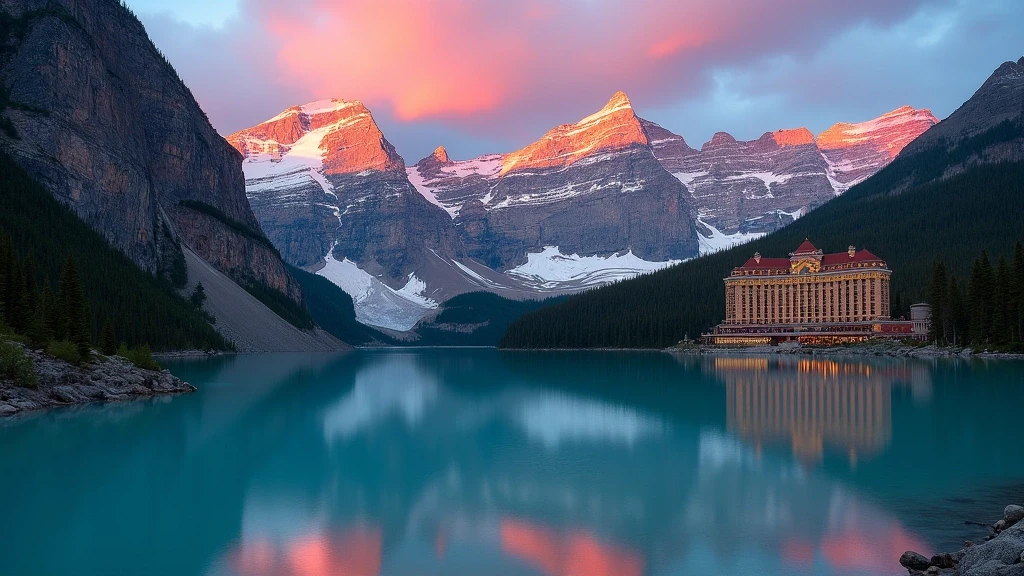 Sonnenuntergang am Lake Louise mit Victoria Gletscher im Banff Nationalpark