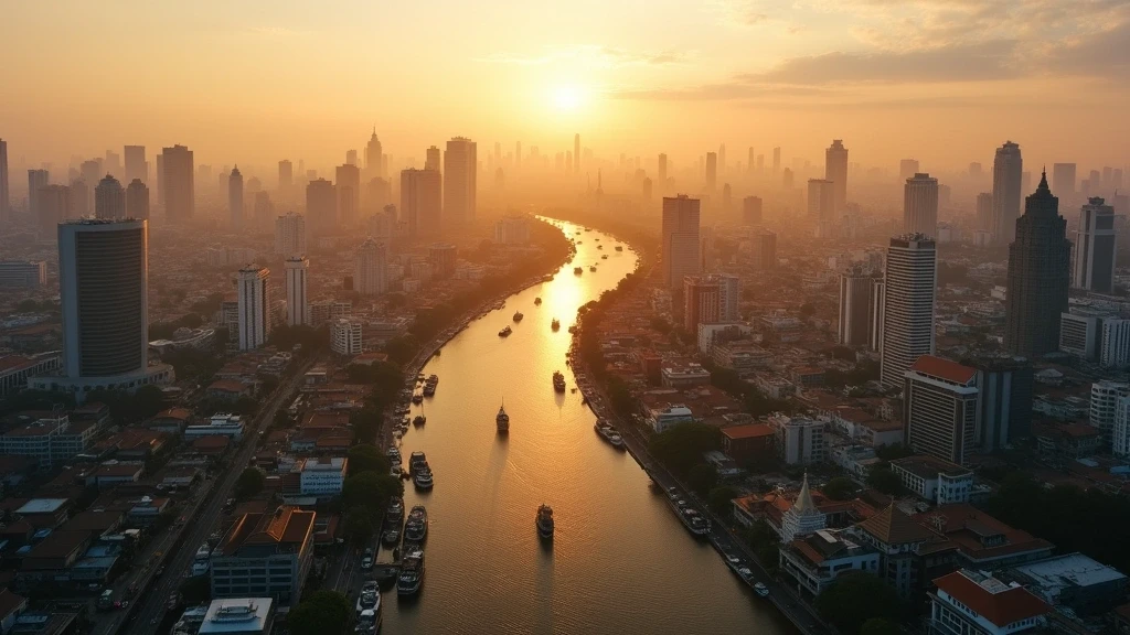Luftaufnahme des Chao Phraya Flusses in Bangkok zur goldenen Stunde mit Skyline und Tempeln