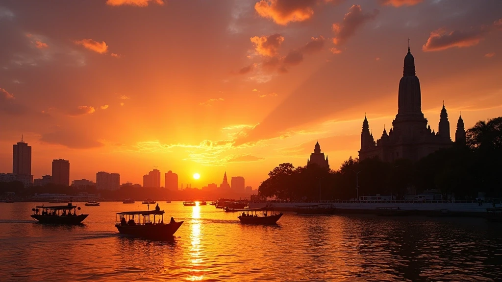 Sonnenuntergang ueber dem Chao Phraya Fluss in Bangkok mit Longtail-Booten und Wat Arun