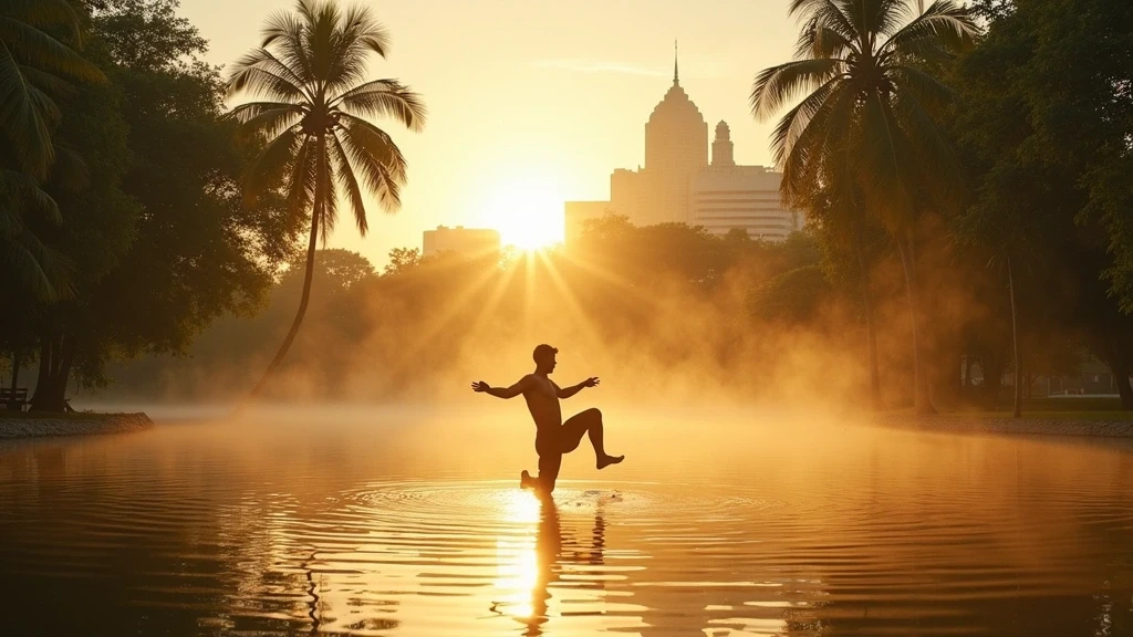 Goldene Stunde im Lumpini Park Bangkok mit See, Palmen und Skyline-Reflexionen