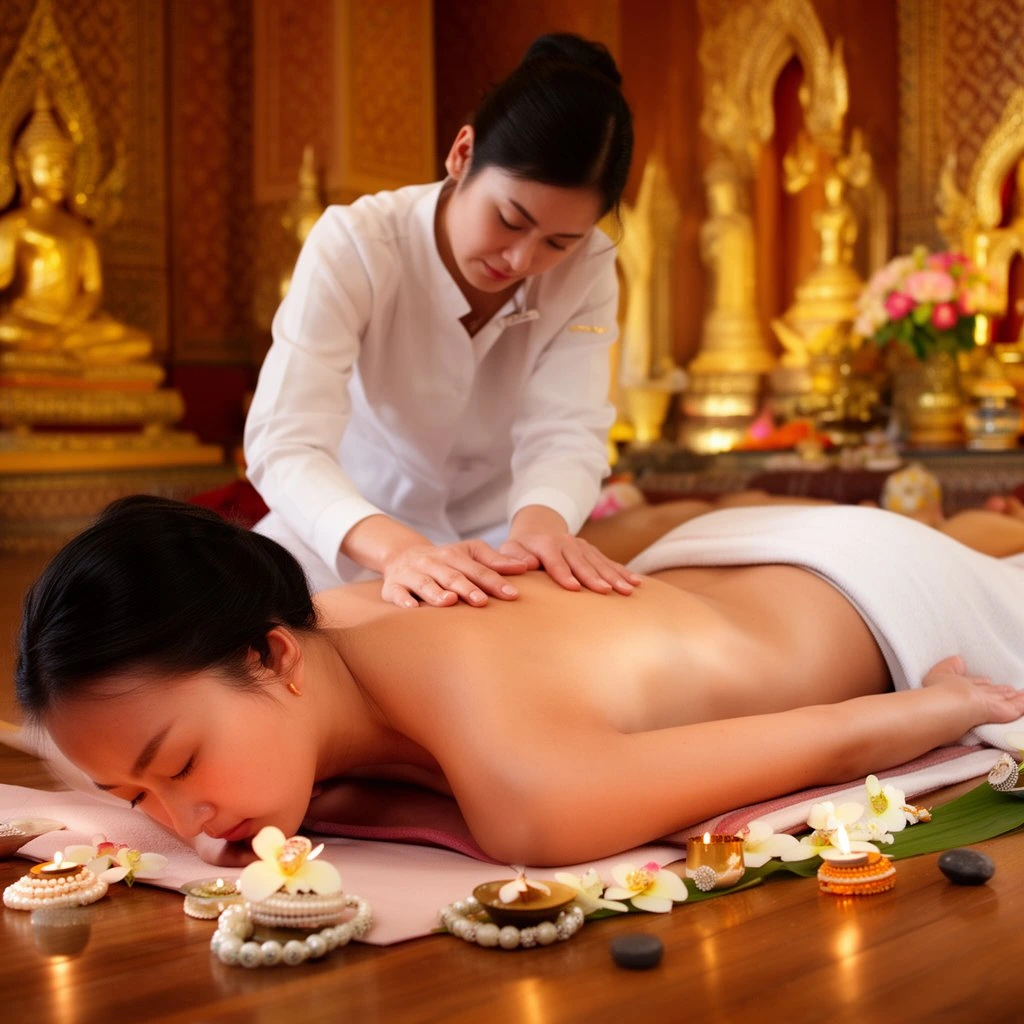 Thai-Massage im Luxus-Spa in Bangkok mit Skyline-Blick zur goldenen Stunde
