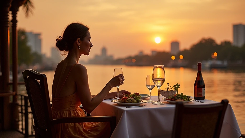 Elegante Frau geniesst Abendessen auf Reisebarke in Bangkok zur goldenen Stunde