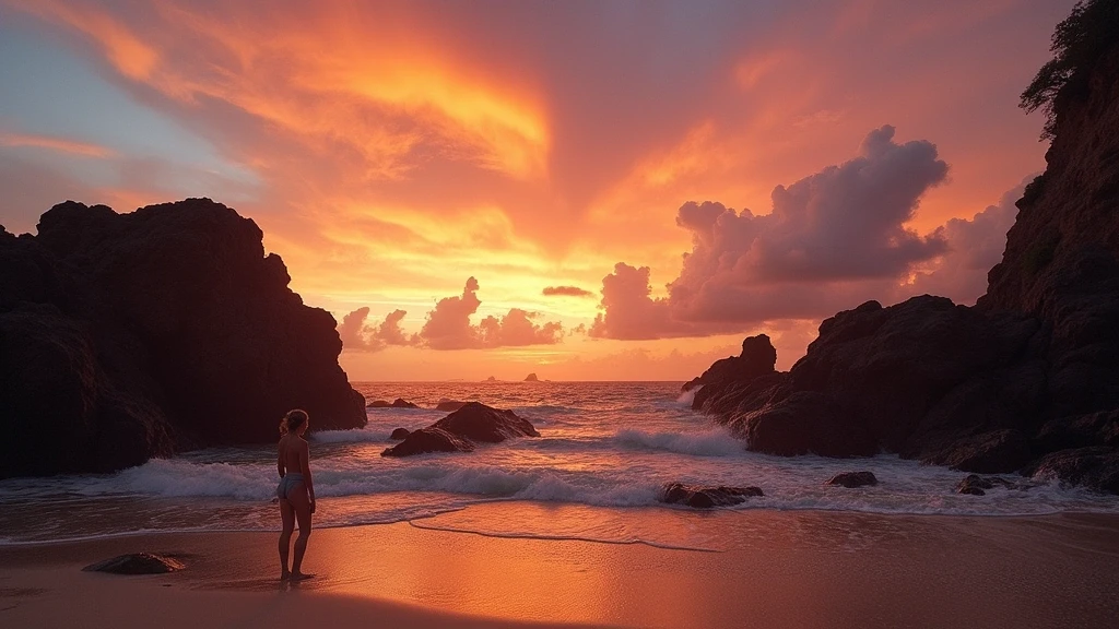 Sonnenuntergang ueber Bathsheba Beach mit Korallenfelsen in Barbados