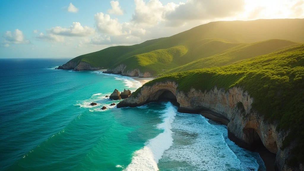 Dramatische Luftaufnahme der Kalksteinklippen an der Ostküste von Barbados zur goldenen Stunde