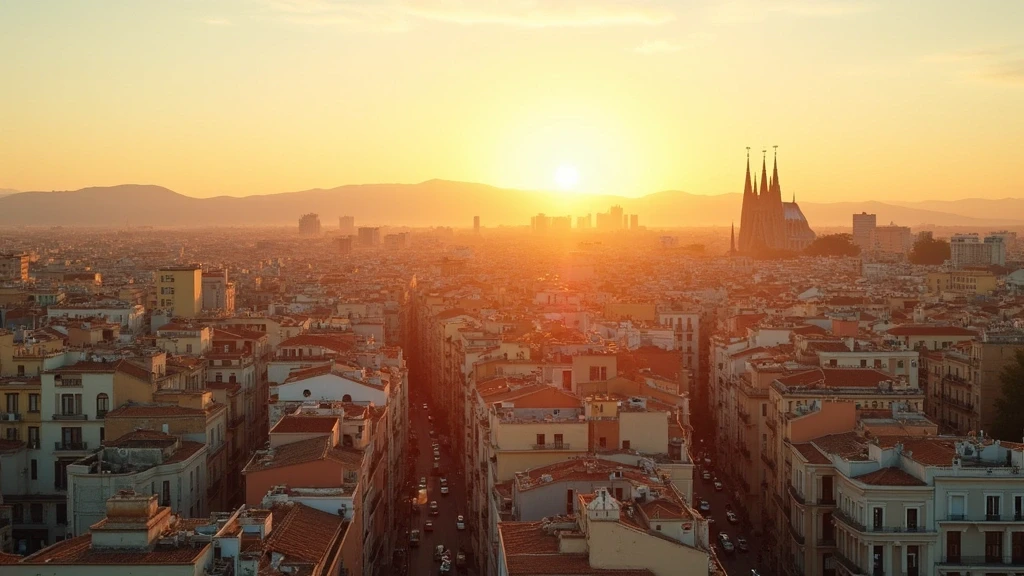 Luftaufnahme des modernistischen Eixample-Viertels in Barcelona mit Sagrada Familia zur goldenen Stunde