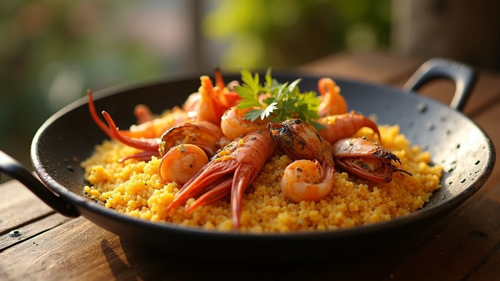 Detailaufnahme von traditioneller Paella in einem Restaurant im Eixample-Viertel Barcelona