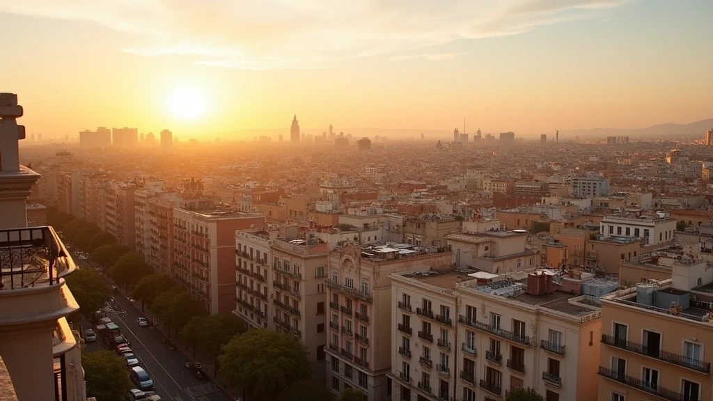Panoramablick auf das Eixample-Viertel in Barcelona zur goldenen Stunde von einer Dachterrasse