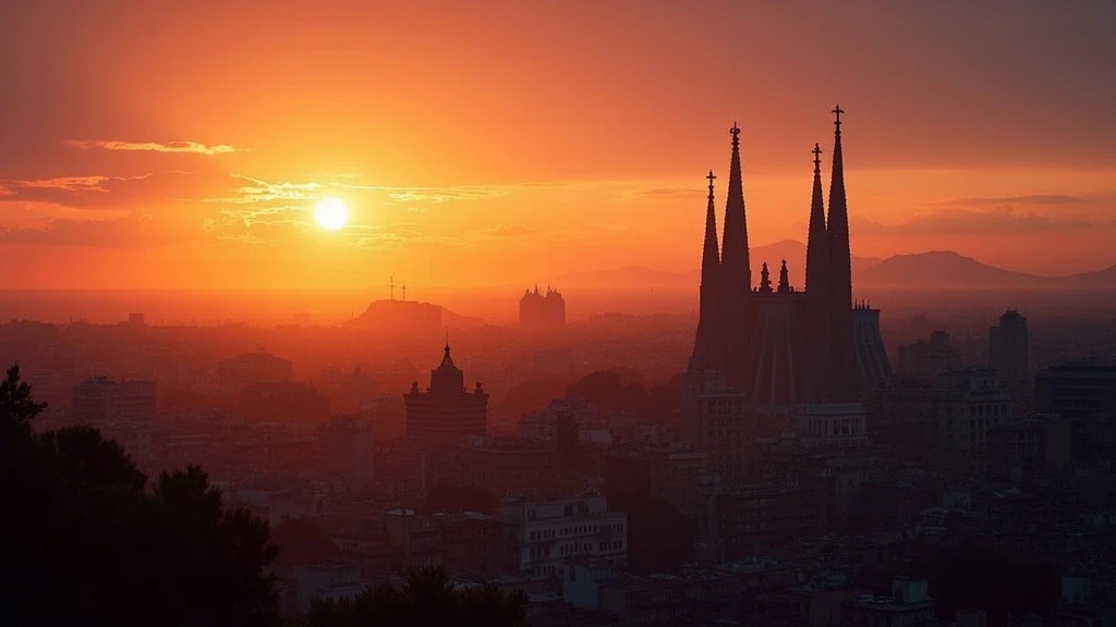 Sonnenuntergang ueber der Sagrada Familia im Eixample-Viertel von Barcelona