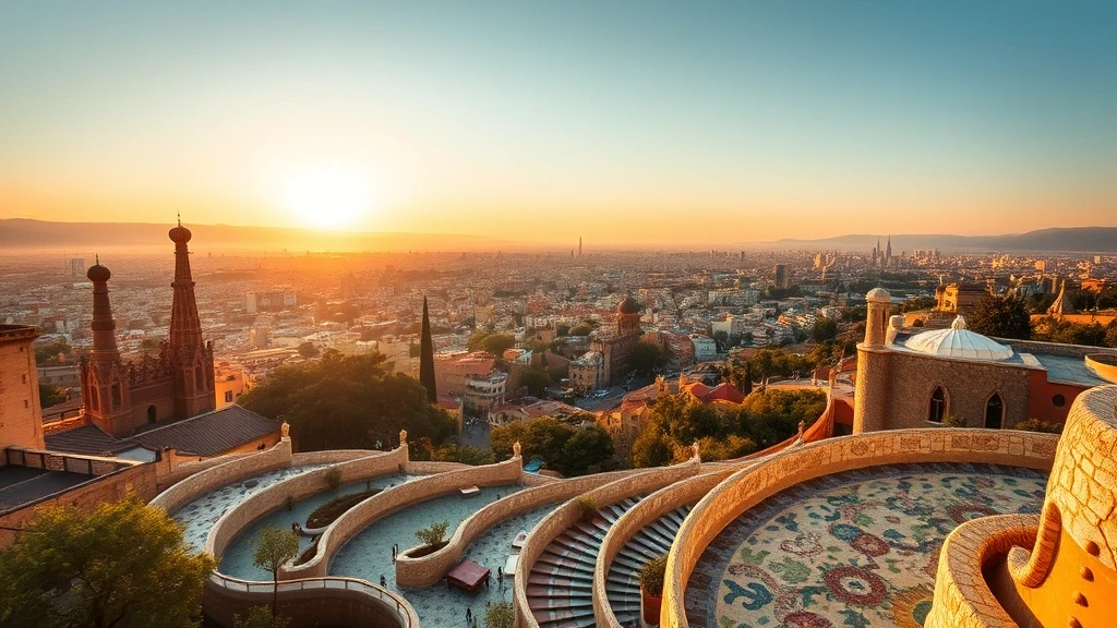 Luftaufnahme von Park Güell in Barcelona-Gràcia zur goldenen Stunde mit Gaudí-Architektur