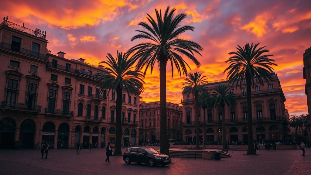Sonnenuntergang am Plaça del Sol in Barcelona-Gràcia mit historischen Gebäuden