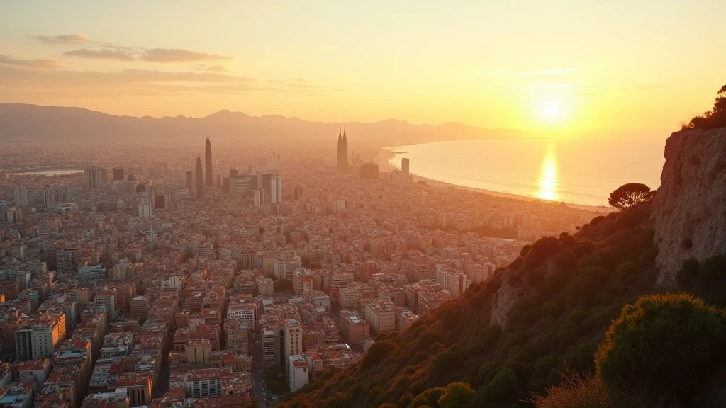 Luftaufnahme von Barcelona mit Sagrada Familia und Mittelmeerküste zur goldenen Stunde