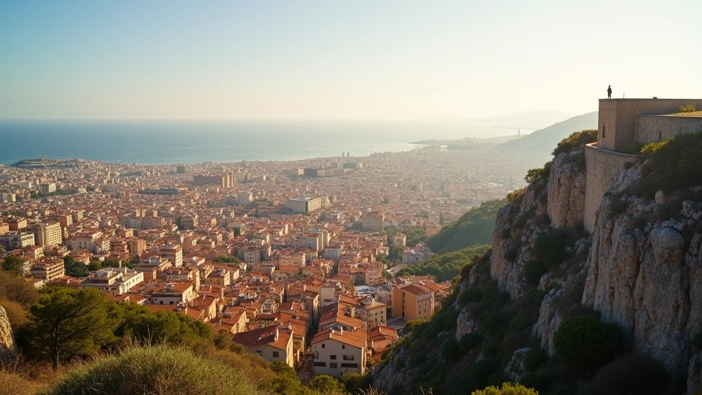Panoramablick von Bunkers del Carmel über Barcelona bei Morgenlicht