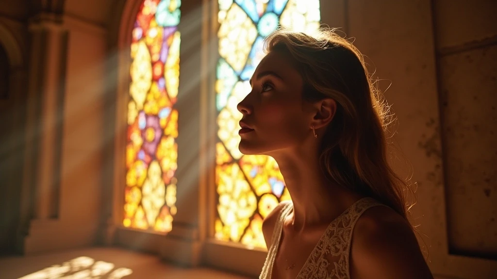 Modell bewundert Glasfenster der Sagrada Familia in Barcelona