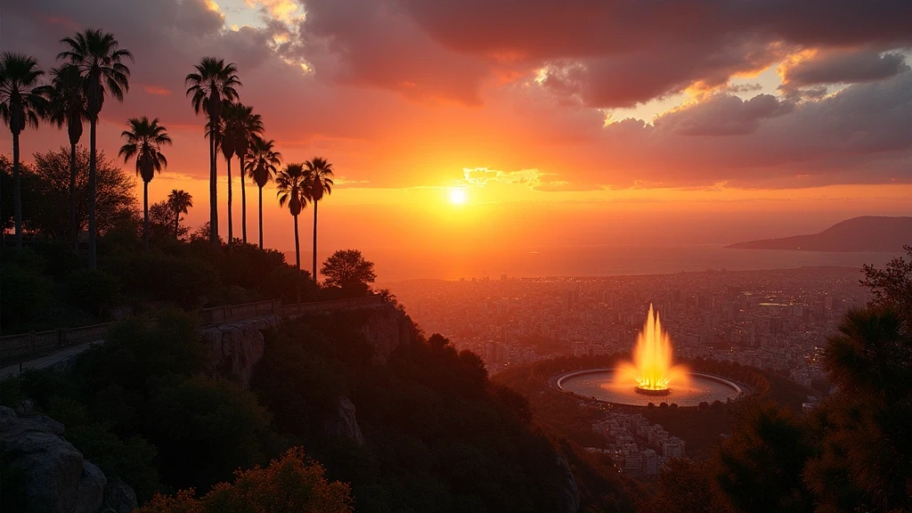 Sonnenuntergang über Montjuïc mit magischem Brunnen in Barcelona