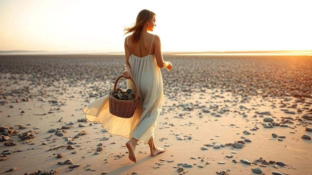 Elegante Frau barfuß am Granitstrand von Barfleur bei Sonnenuntergang mit frischen Austern