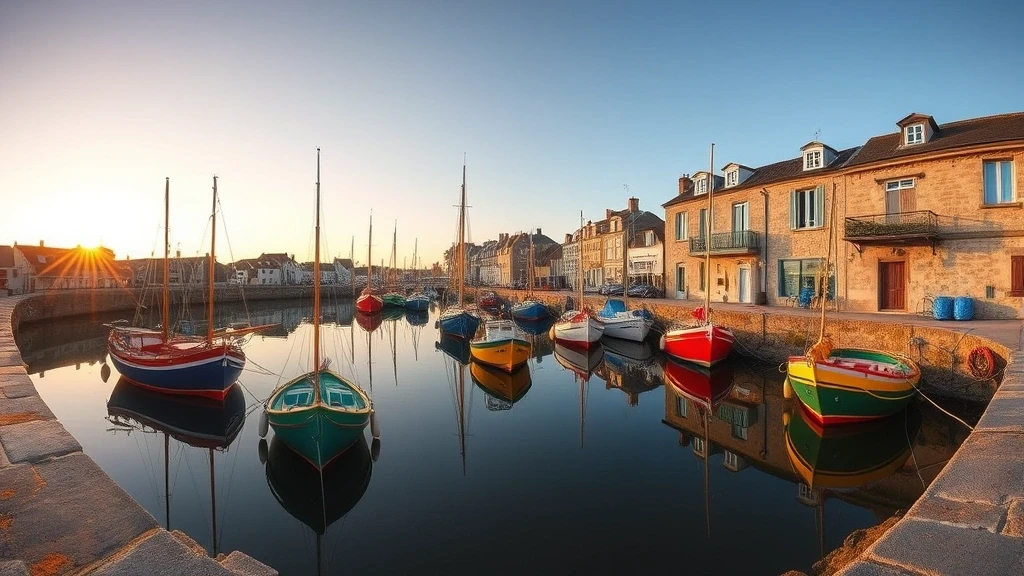 Panoramablick auf den historischen Fischerhafen von Barfleur zur goldenen Stunde