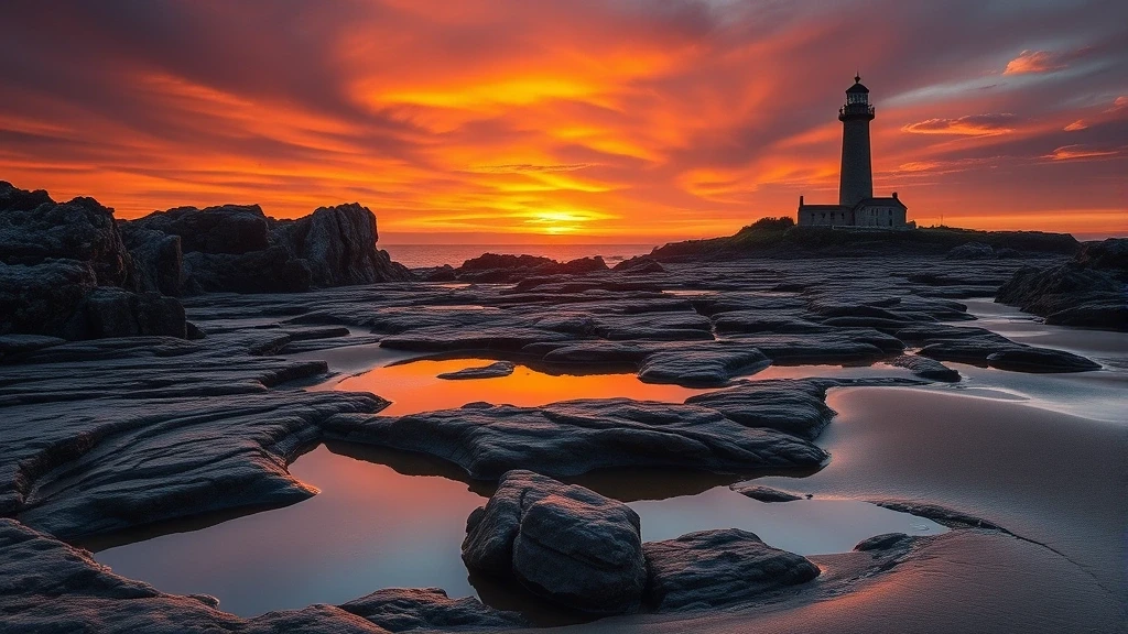 Dramatischer Sonnenuntergang über den Granitklippen von Barfleur mit Leuchtturm-Silhouette