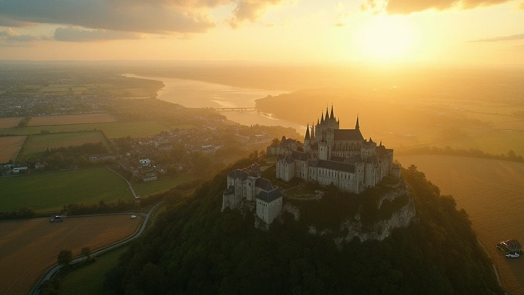 Luftaufnahme der historischen Altstadt von Bayeux mit Kathedrale und Aure-Fluss zur goldenen Stunde in der Normandie