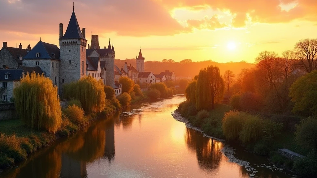 Panoramablick auf den Aure-Fluss in Bayeux bei Sonnenuntergang mit historischen Gebaeuden und goldenem Licht