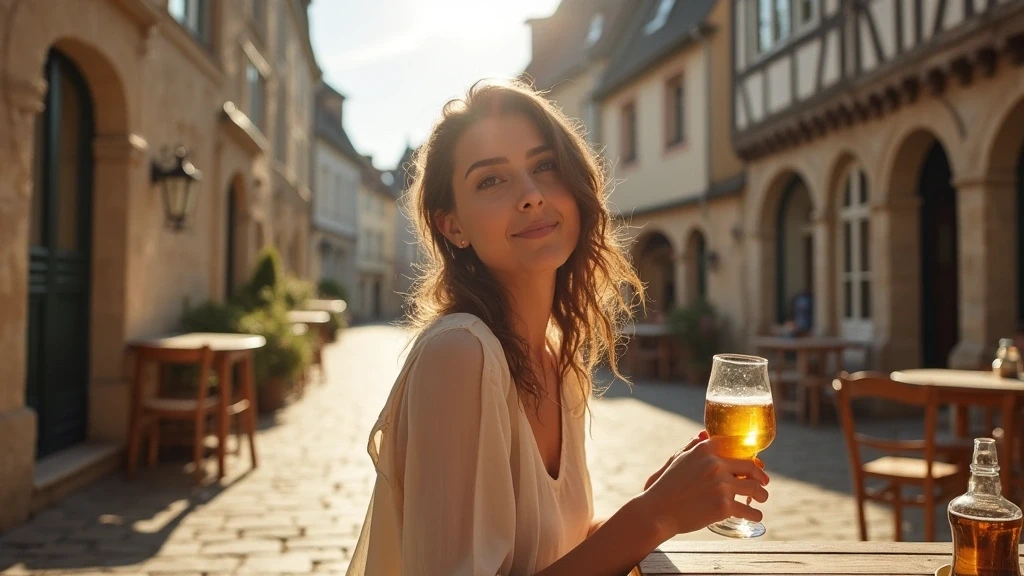 Elegante Frau geniesst Apfelweid in Bayeux auf sonnendurchfluteter Cafe-Terrasse mit Fachwerkhaeusern