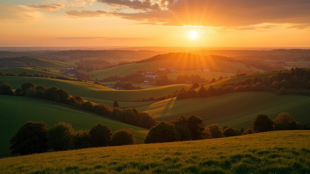Sonnenuntergang ueber der normannischen Landschaft um Bayeux mit Apfelplantagen und Fachwerkhaeusern