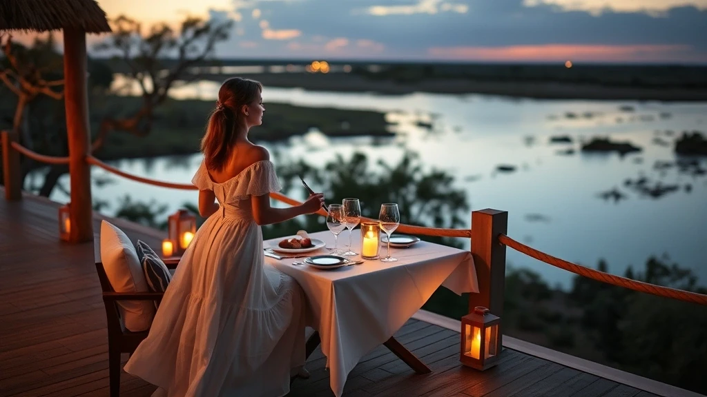 Elegante Reisende beim Abendessen auf der Terrasse des Belmond Eagle Island Lodge in Botswana