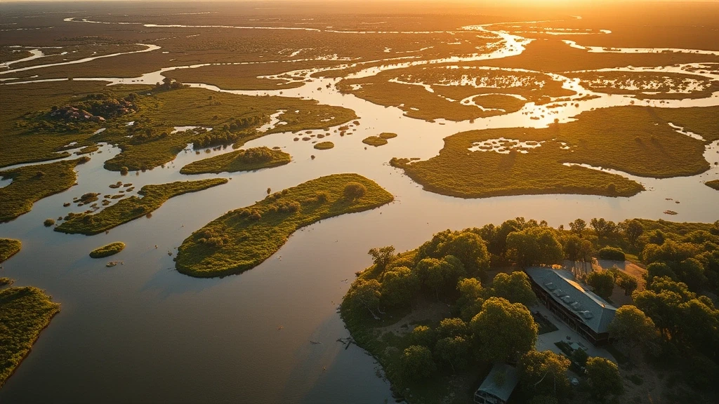 Luftaufnahme des Belmond Eagle Island Lodge im Okavango Delta zur goldenen Stunde in Botswana