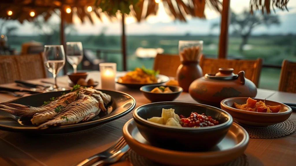 Botswanische Kueche auf gedecktem Tisch am Belmond Eagle Island Lodge in Botswana