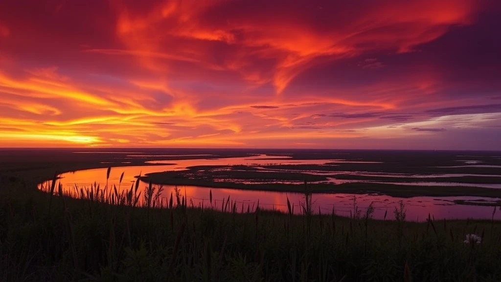 Panoramablick auf den Okavango Delta bei Sonnenuntergang am Belmond Eagle Island Lodge in Botswana
