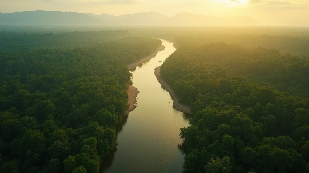 Luftaufnahme des Zusammenflusses von Javari und Amazonas in Benjamin Constant zur goldenen Stunde