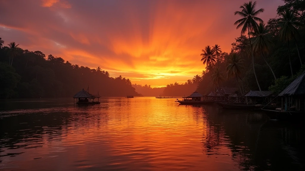 Sonnenuntergang ueber dem Javari Fluss in Benjamin Constant mit traditionellen Booten
